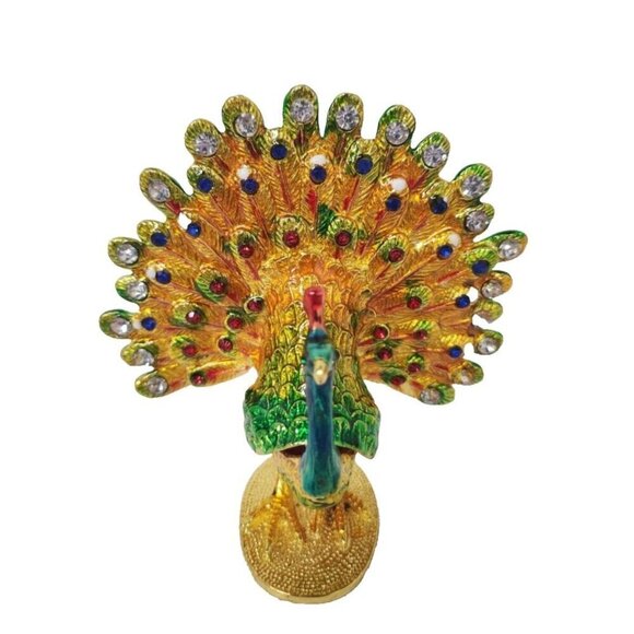 Qifu India Peacock Rhinestone Crystal Alloy Metal Art Trinket Box Ring Box - Picture 1 of 14